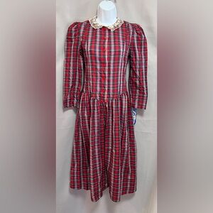 Vintage Snippy‎ Of California Girls Dress Red Plaid Lace Collar Christmas 7/10